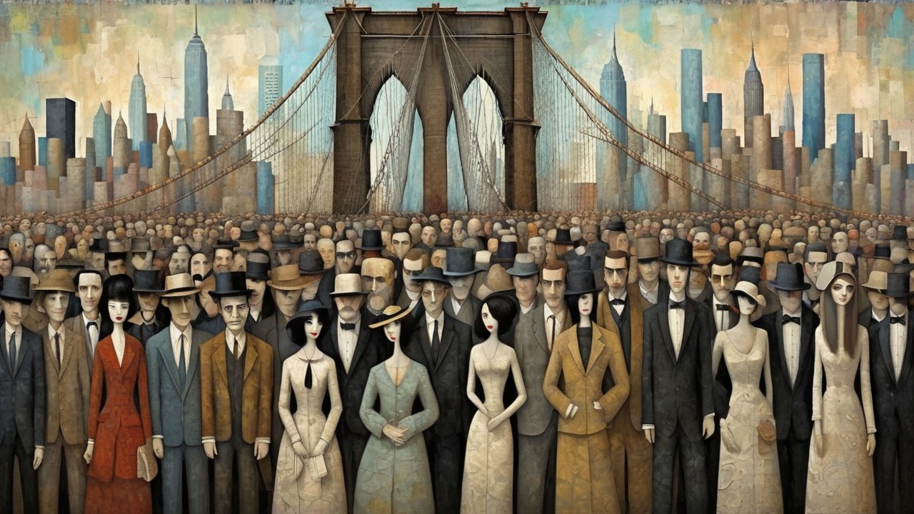 Crowd in Early 20th Century Cityscape Painting