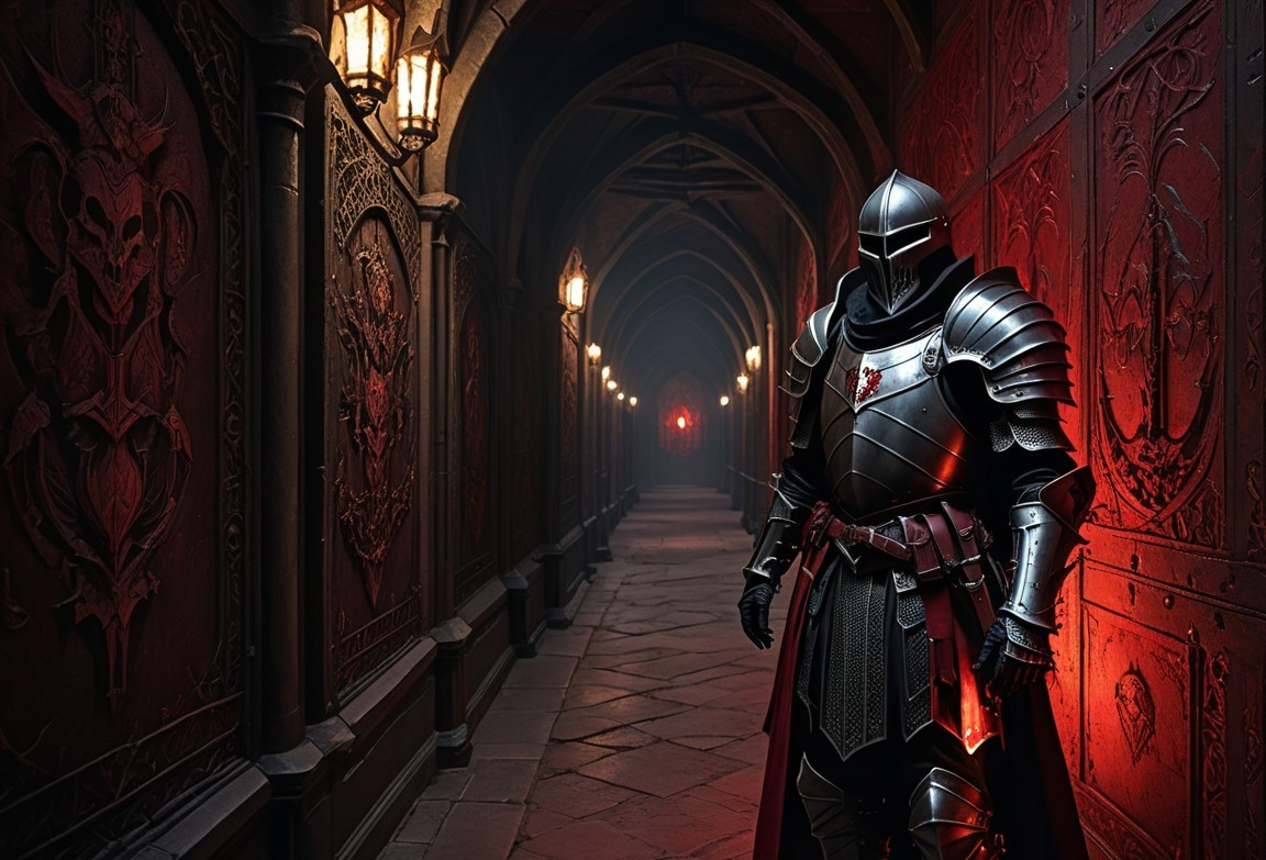 Medieval Knight in Dimly Lit Corridor with Armor