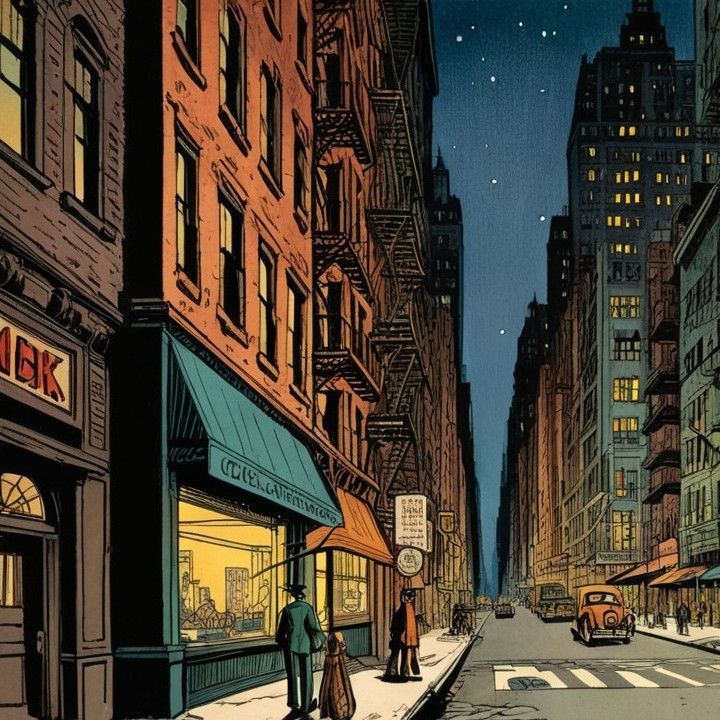 Nighttime City Street with Illuminated Buildings and Cars