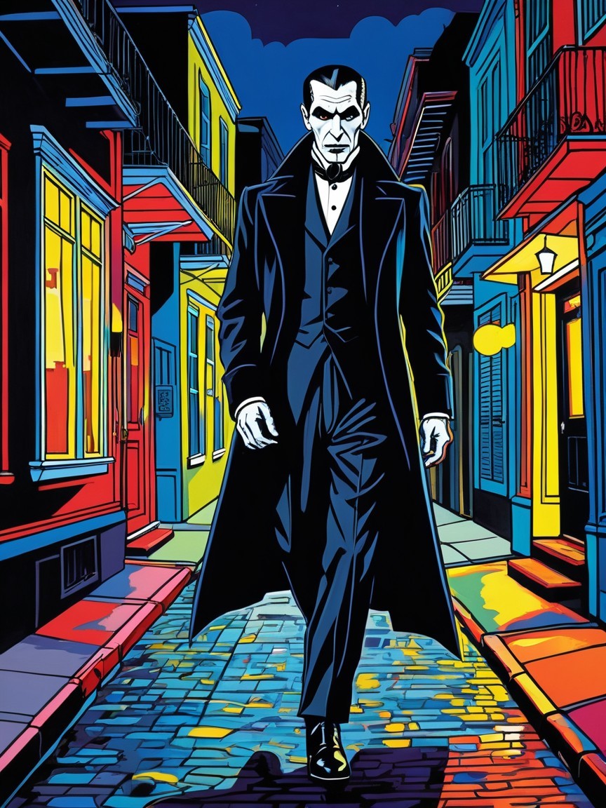 Dracula in Black Coat Walking Down Colorful Night Street