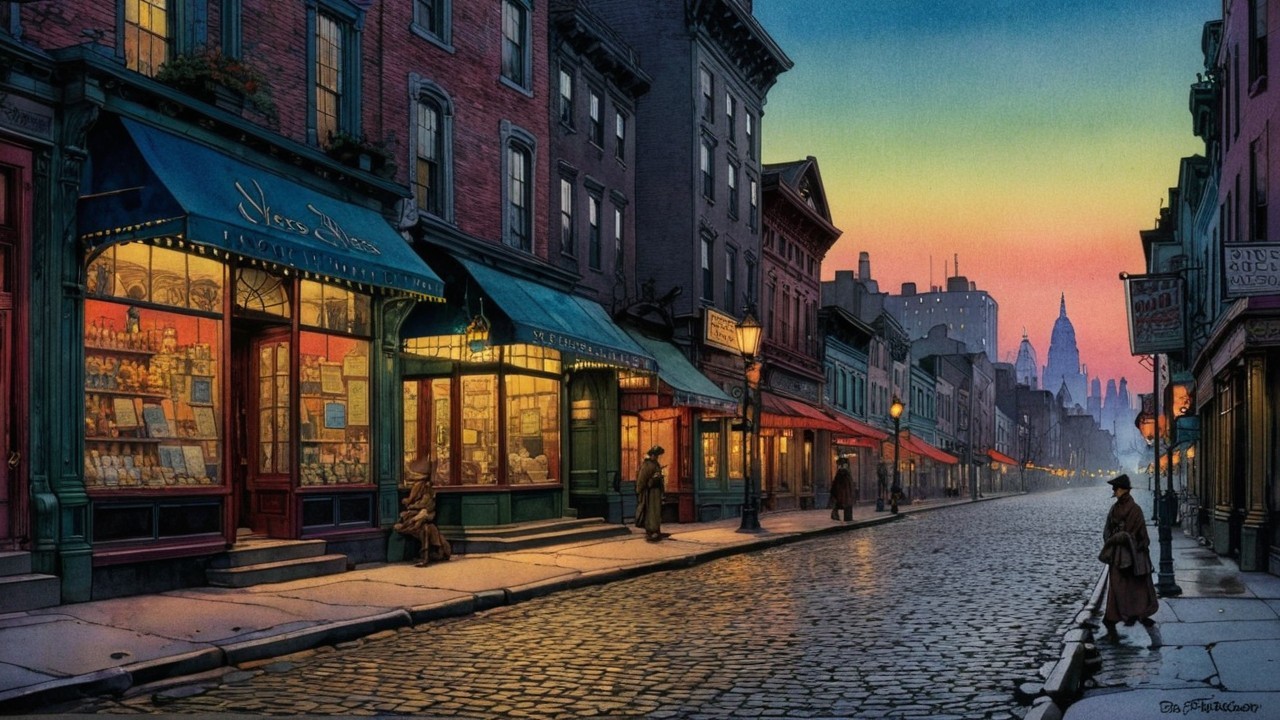 Nostalgic Dusk Street Scene with Vintage Storefronts