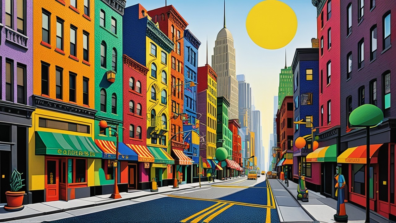 Vibrant City Street with Colorful Buildings and Shops