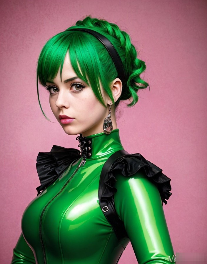 Woman with Green Hair in Shiny Green Bodysuit
