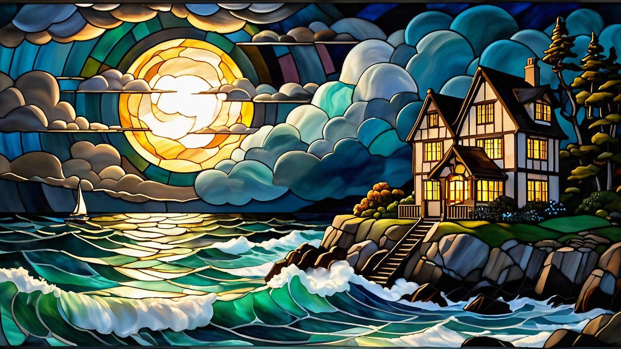 Vibrant Stained-Glass Coastal House Scene