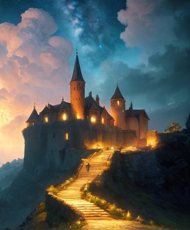 Majestic castle on a rocky hill under a vibrant sky