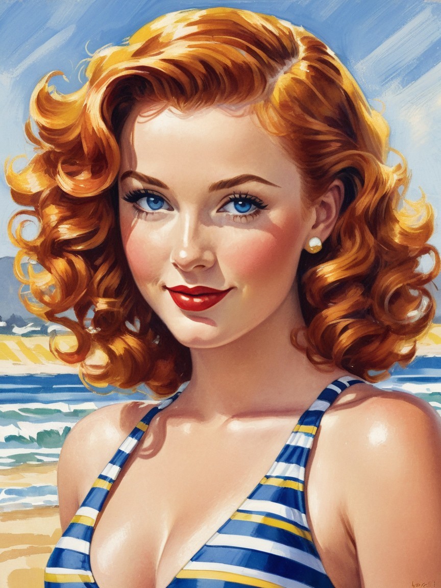 Young Woman in Retro Pin-Up Style at the Beach