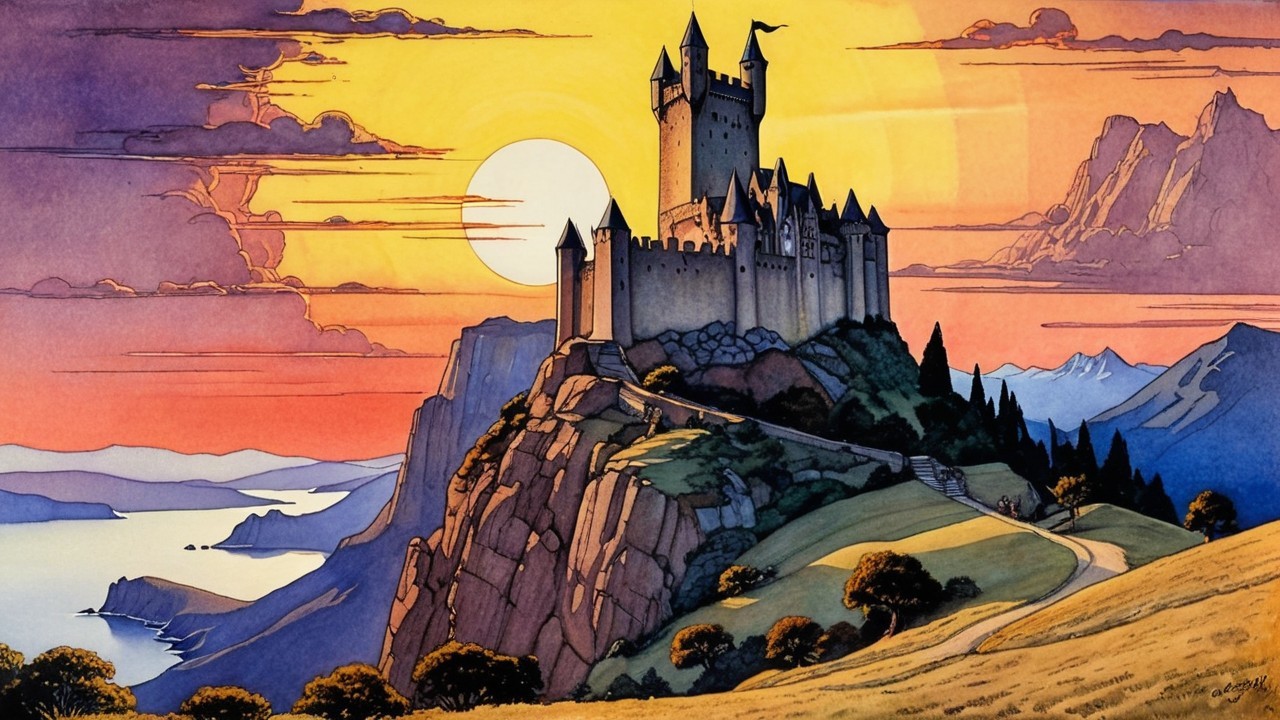 Majestic castle on a hill at sunset with vibrant sky