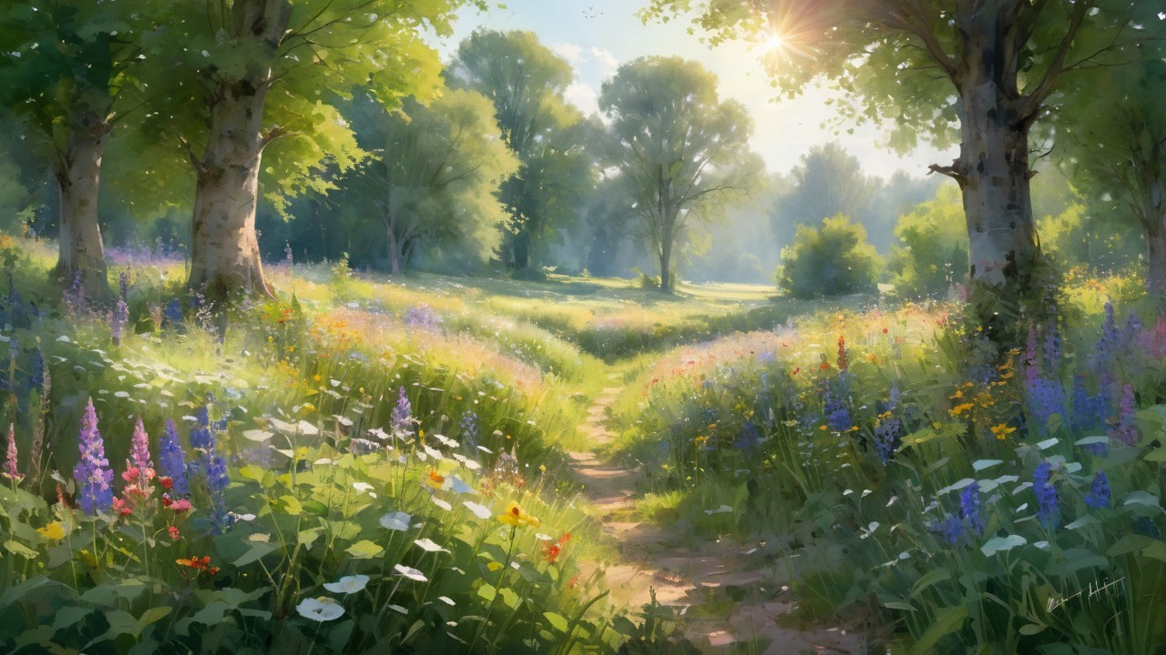 Serene Landscape with Sunlit Path and Wildflowers