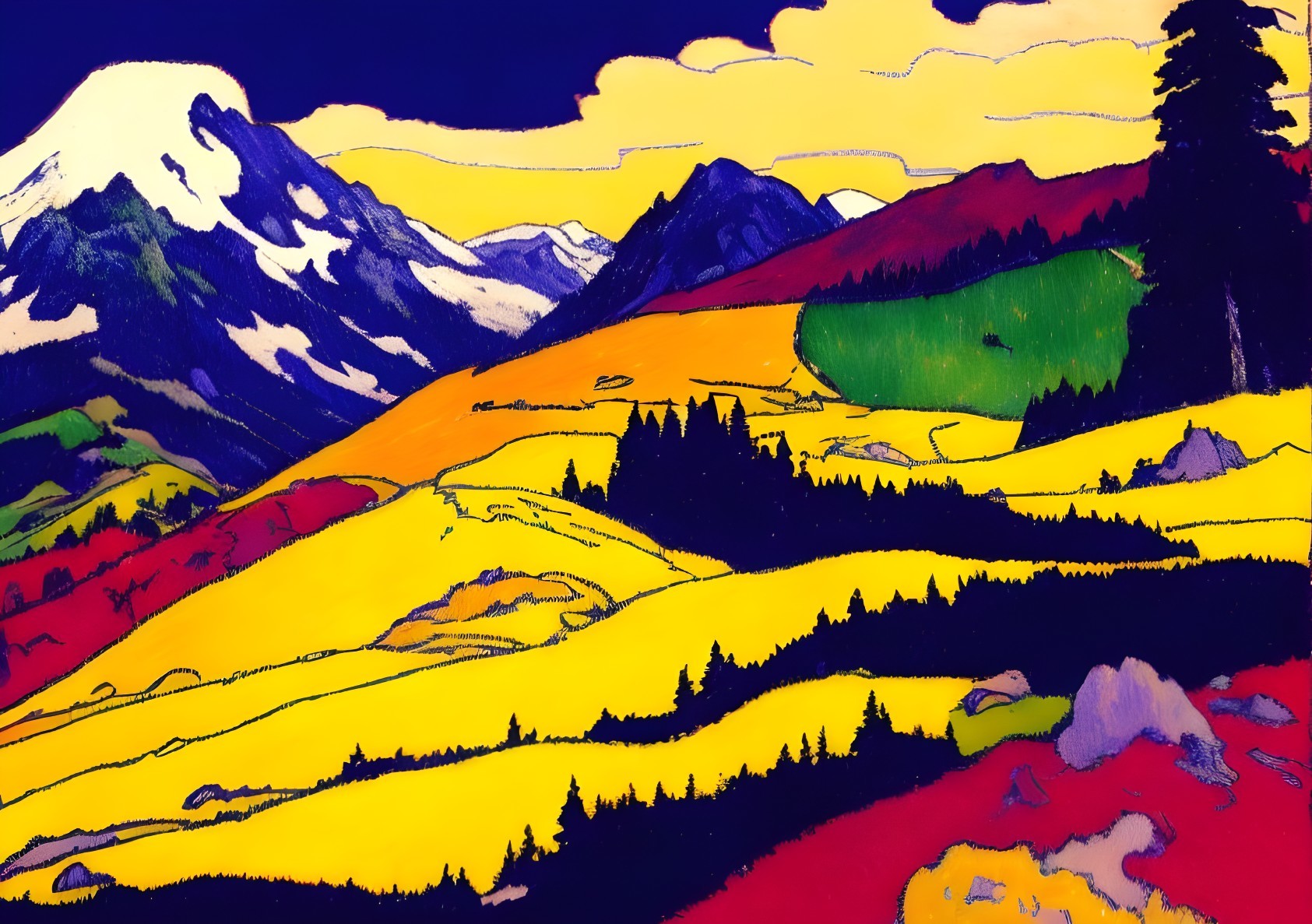 Vibrant Landscape with Stylized Mountains and Fields