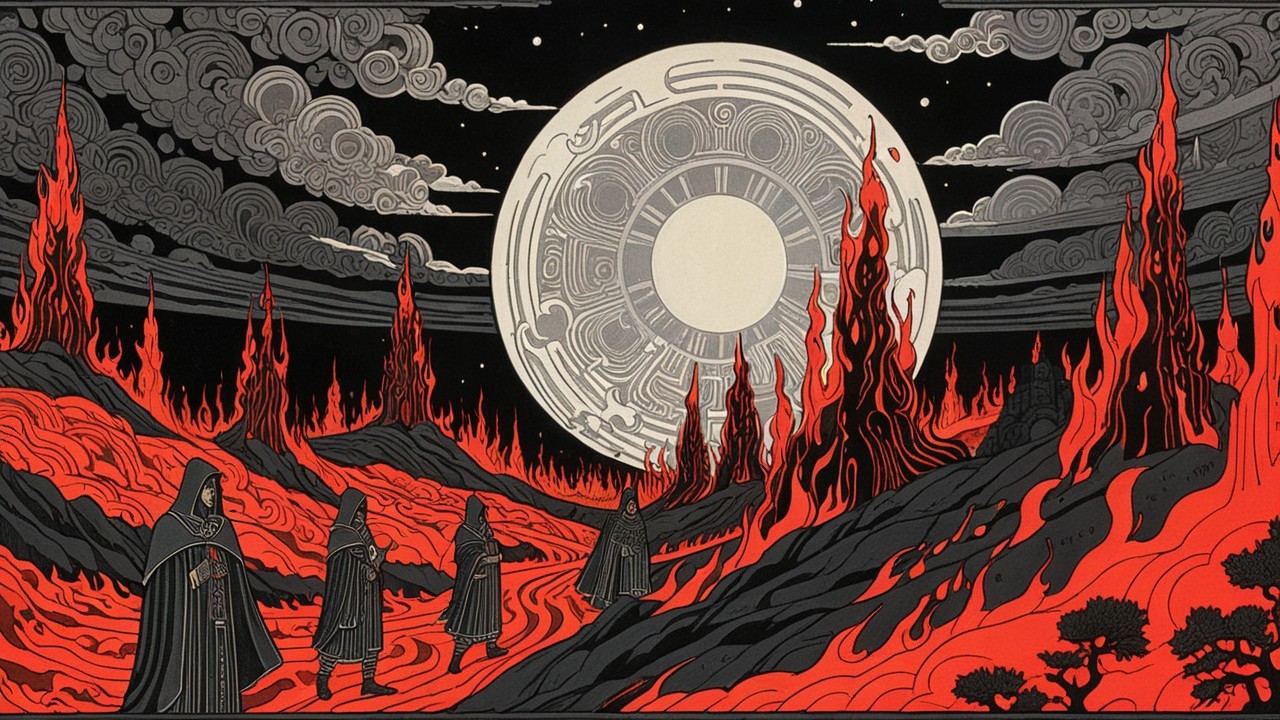 Surreal Landscape with Cloaked Figures and Dramatic Sky