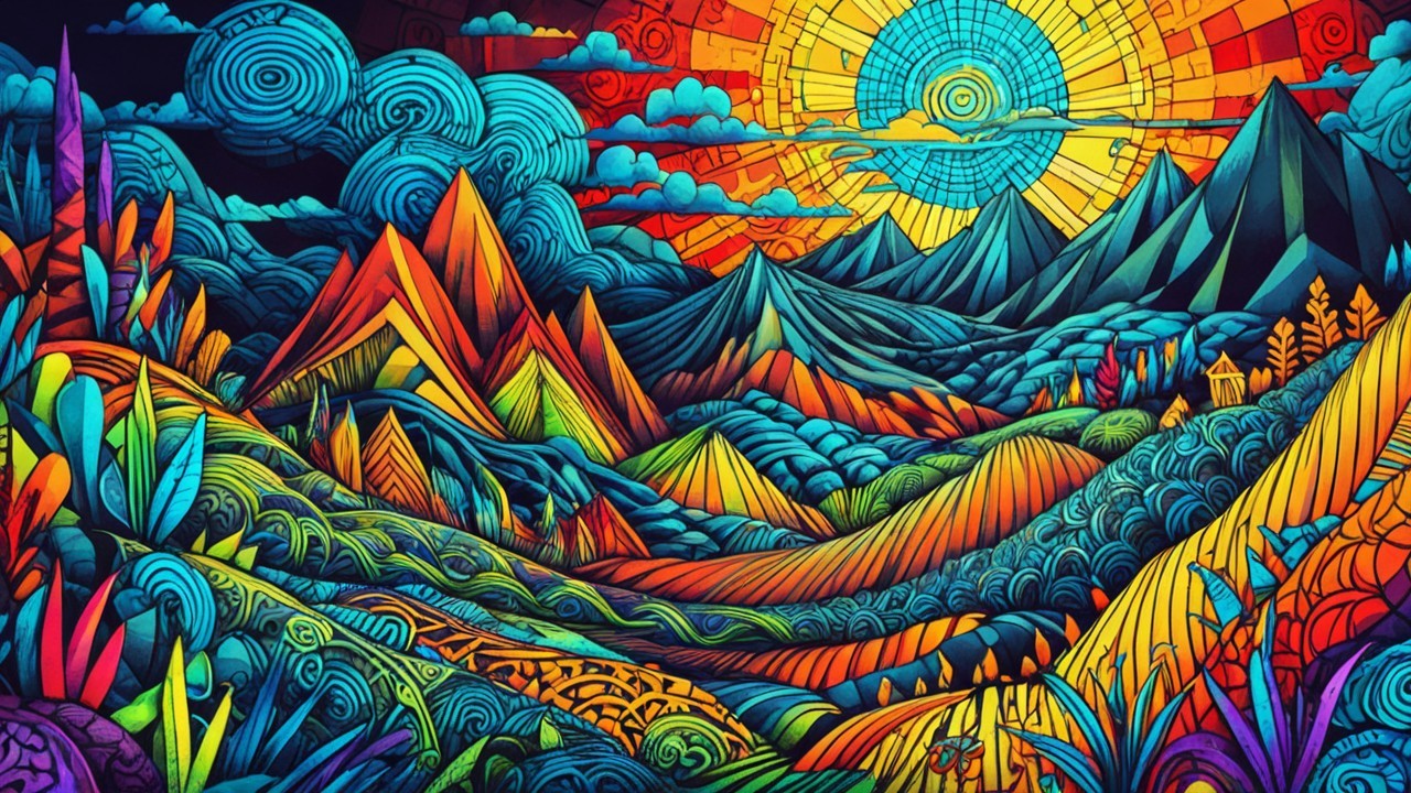 Vibrant Landscape with Geometric Sun and Bold Colors
