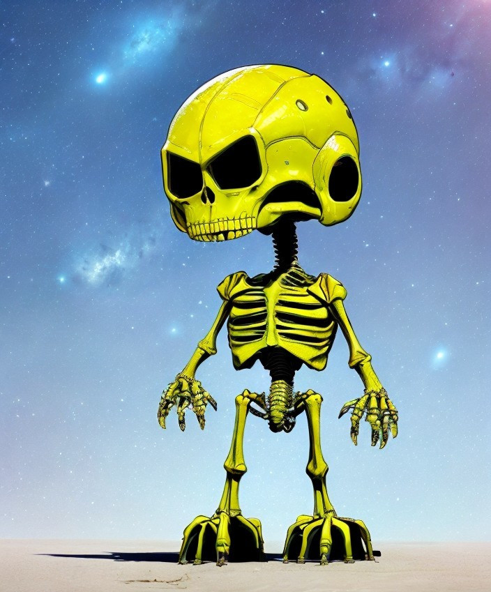 Cartoonish Skeleton in a Surreal Cosmic Landscape