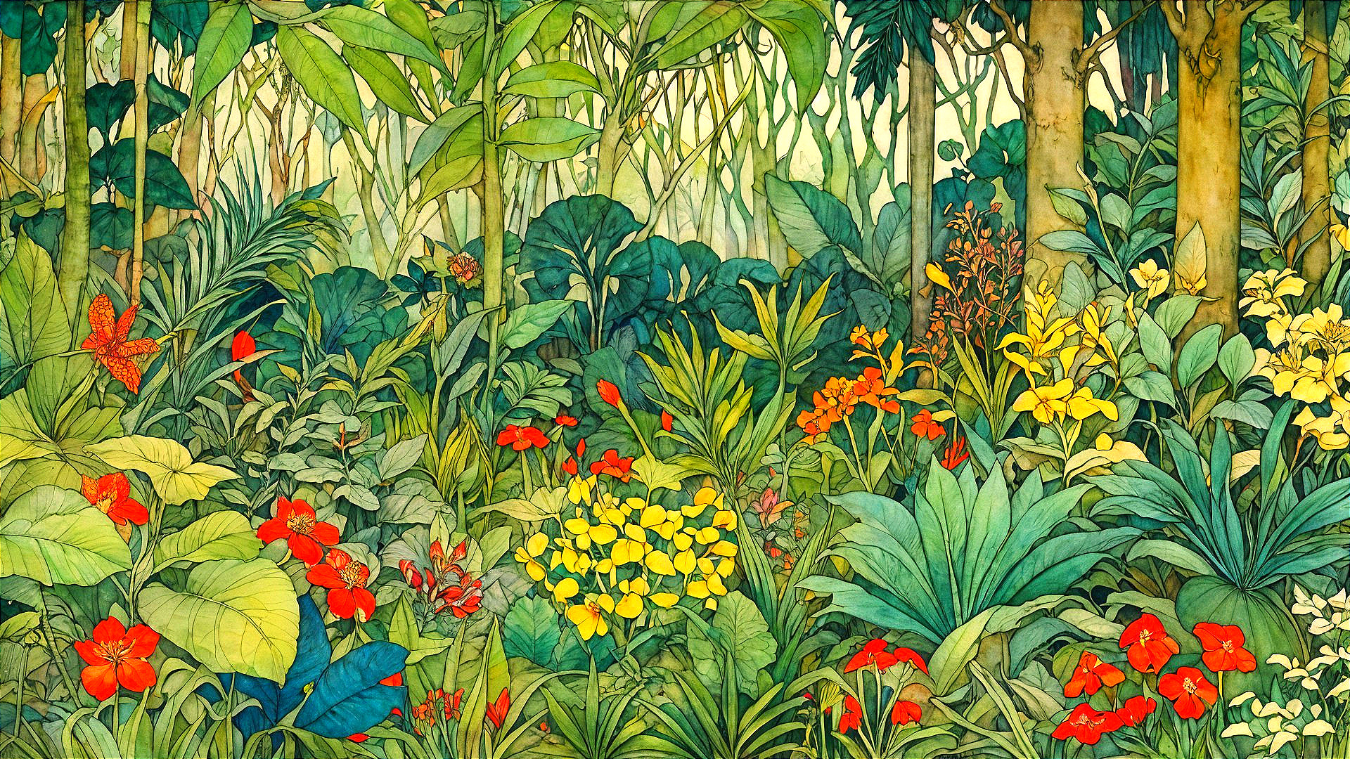 Vibrant Jungle Scene with Tropical Plants and Flowers