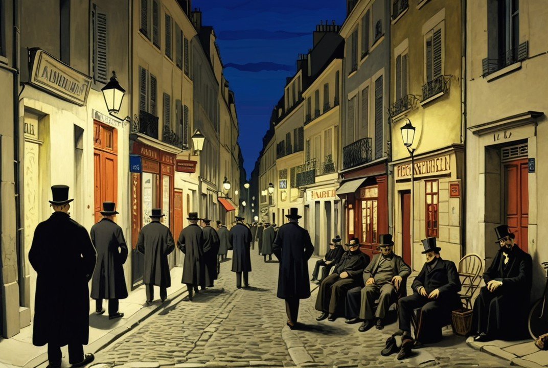 Quiet Parisian Street at Dusk with Lanterns and Men