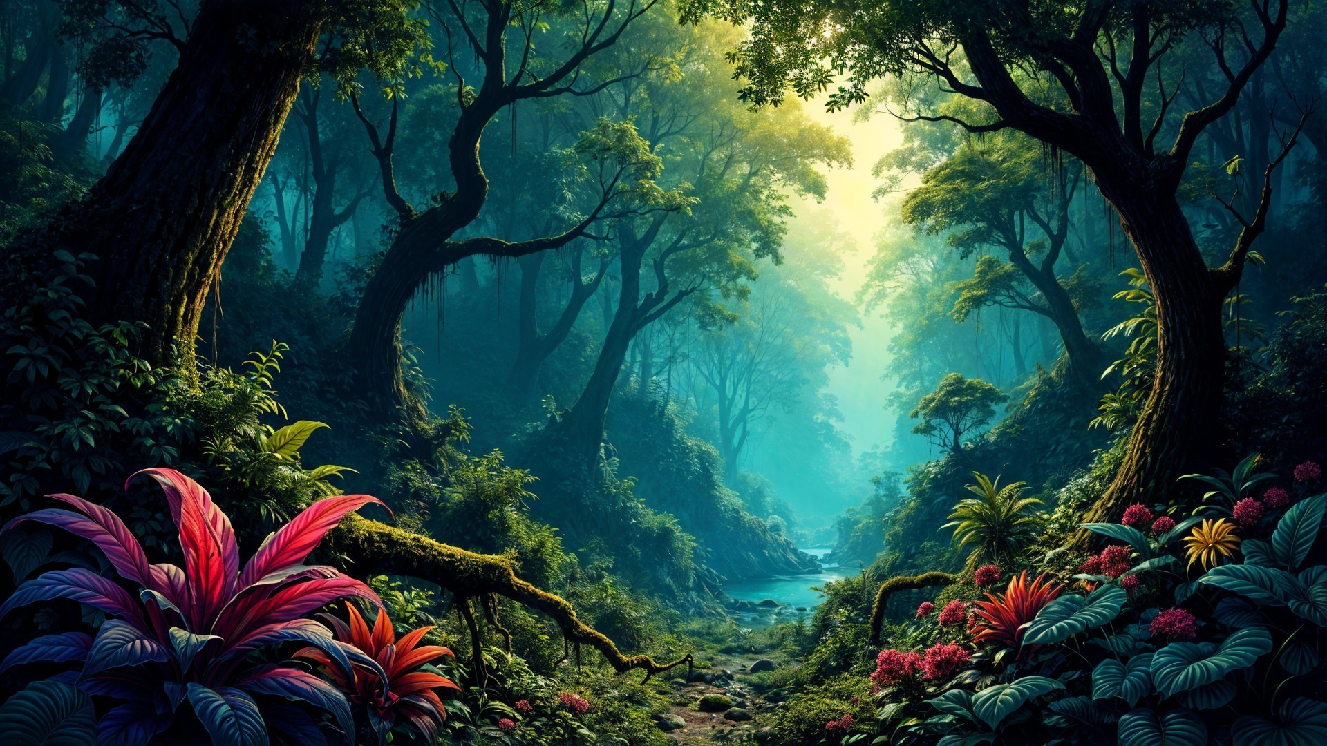 Enchanting Forest Scene with Golden Light and Stream