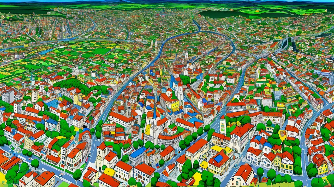 Aerial View of a Colorful Cityscape with Landmarks