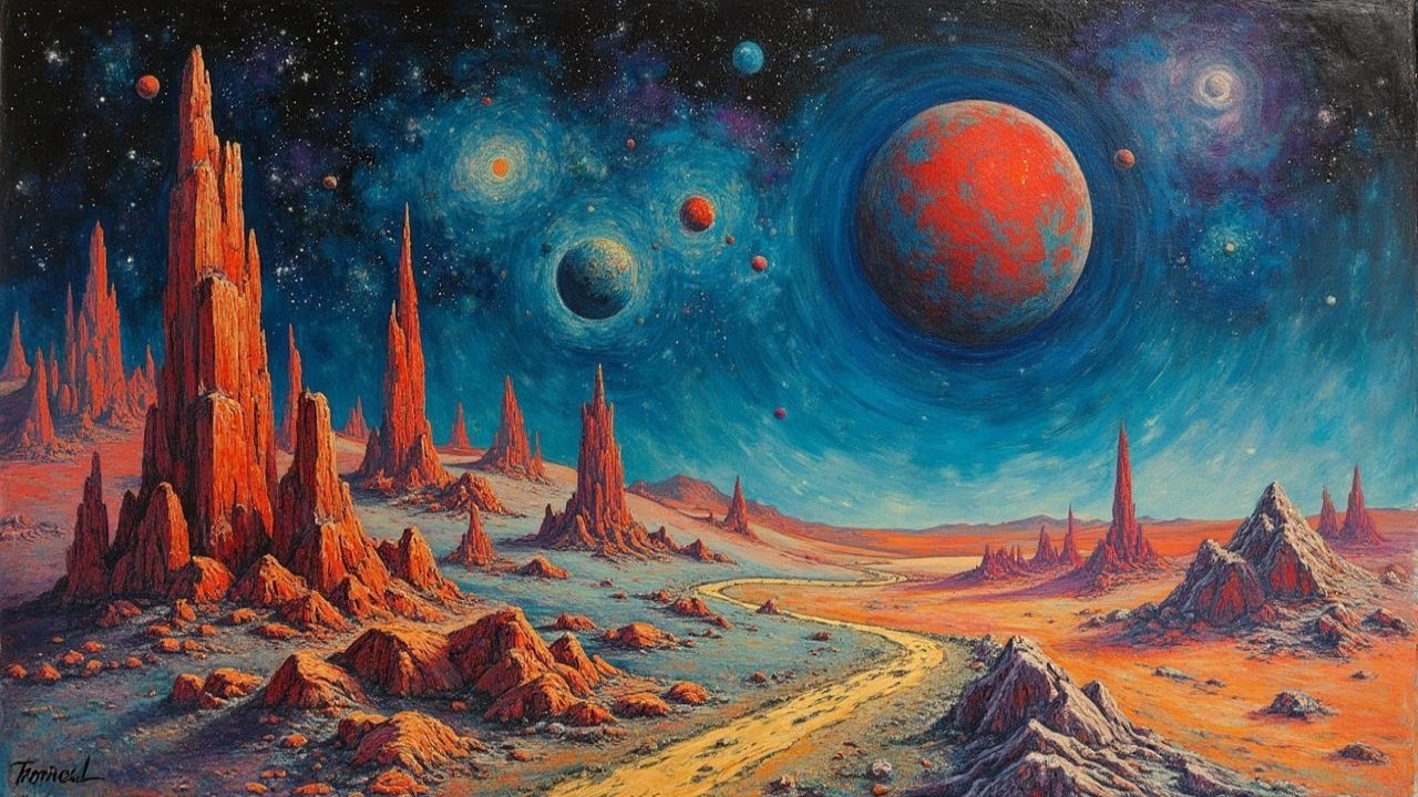 Vibrant Alien Landscape with Red Rock Formations
