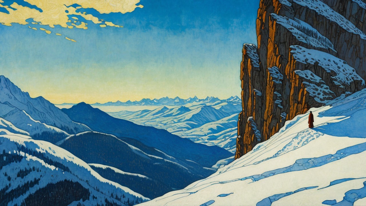 Serene Winter Landscape with Snowy Mountains and Sunlight