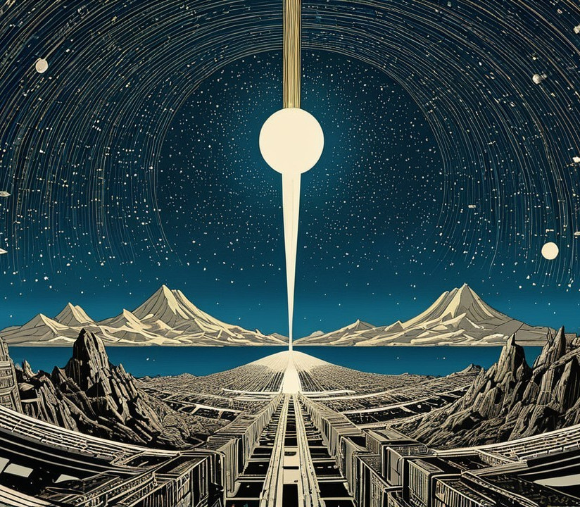 Surreal Landscape with Mountains and Celestial Light