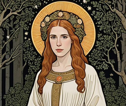 Serene Young Woman with Floral Crown and Halo