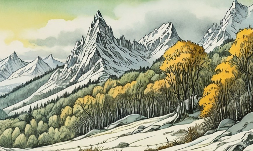 Mountain Landscape with Autumn Foliage and Snow