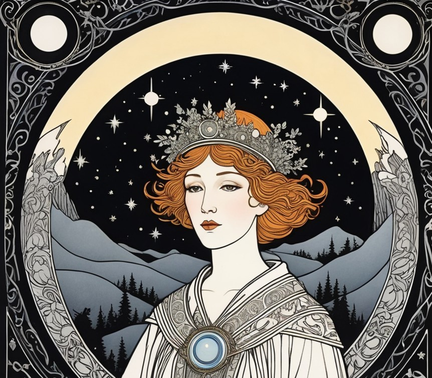 Stylized Woman with Floral Crown in Art Nouveau Style
