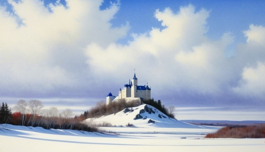 Castle on Rocky Outcrop in Serene Winter Landscape