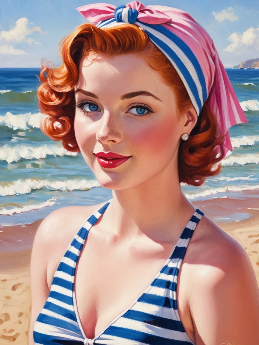 Vintage Beach Style with Red Curls and Blue Eyes