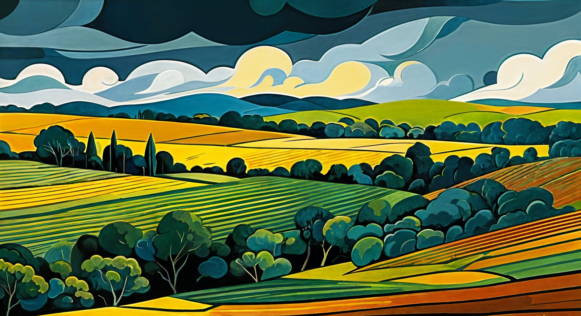 Vibrant Landscape with Rolling Hills and Dramatic Clouds