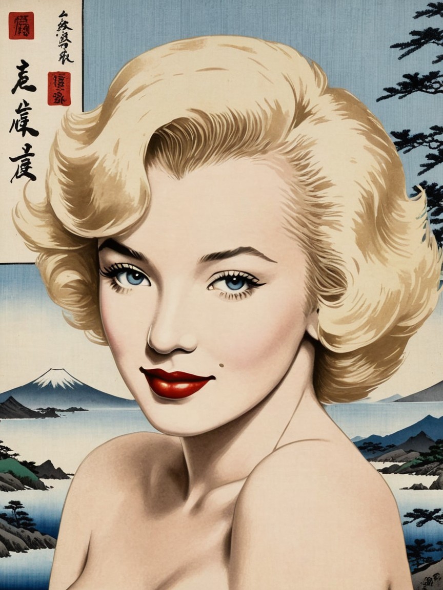 Glamorous Woman Portrait with Japanese Art Background