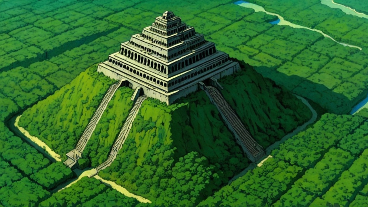 Ancient Pyramid Surrounded by Lush Green Landscape