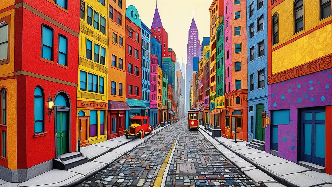 Vibrant City Street Scene with Colorful Buildings