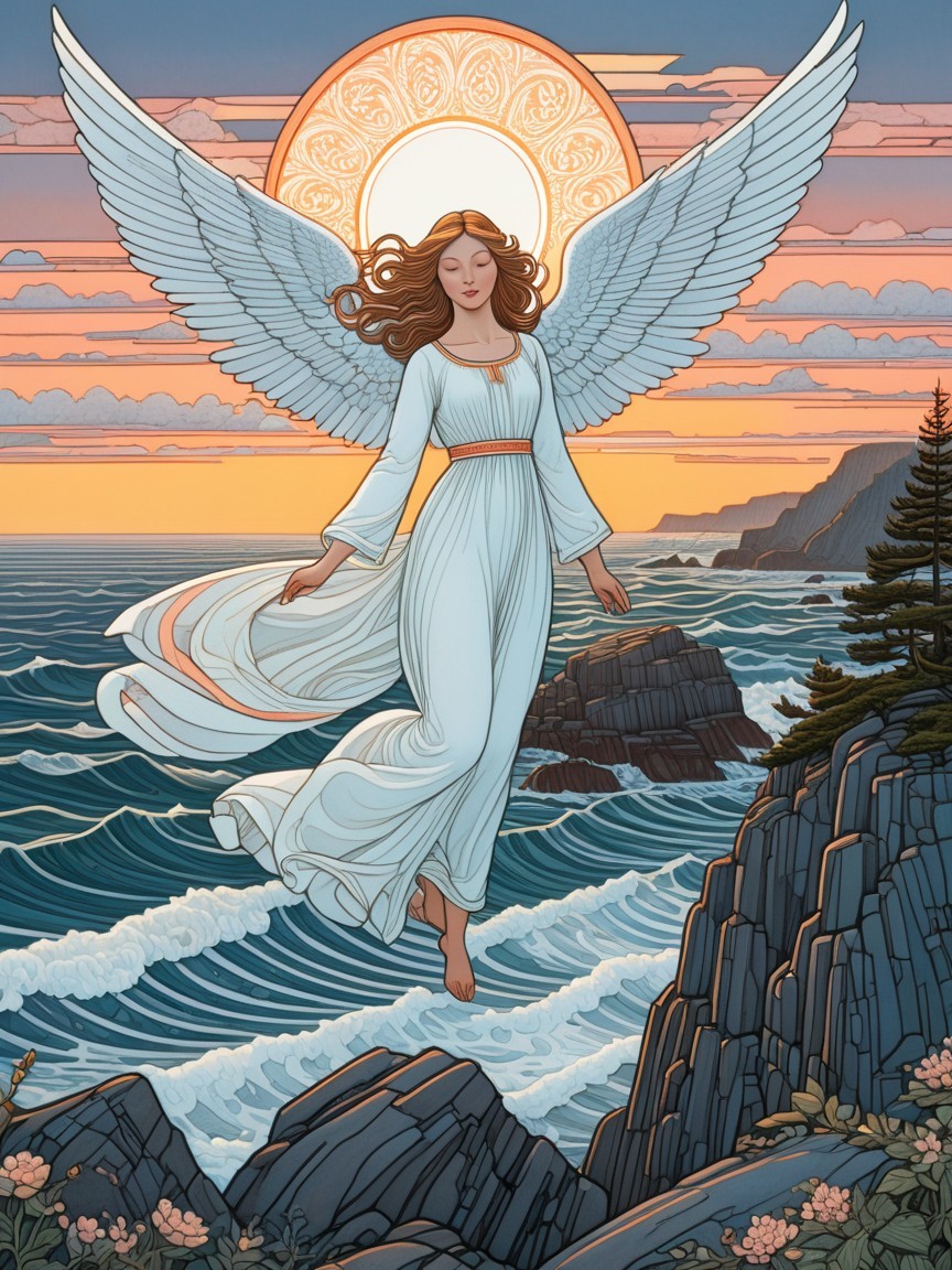 Serene angel with white wings over rocky coastline at sunset