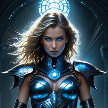 Female warrior in futuristic armor with blue accents