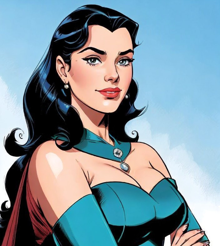 Detailed illustration of woman with black hair, blue eyes, teal off-the-shoulder top.