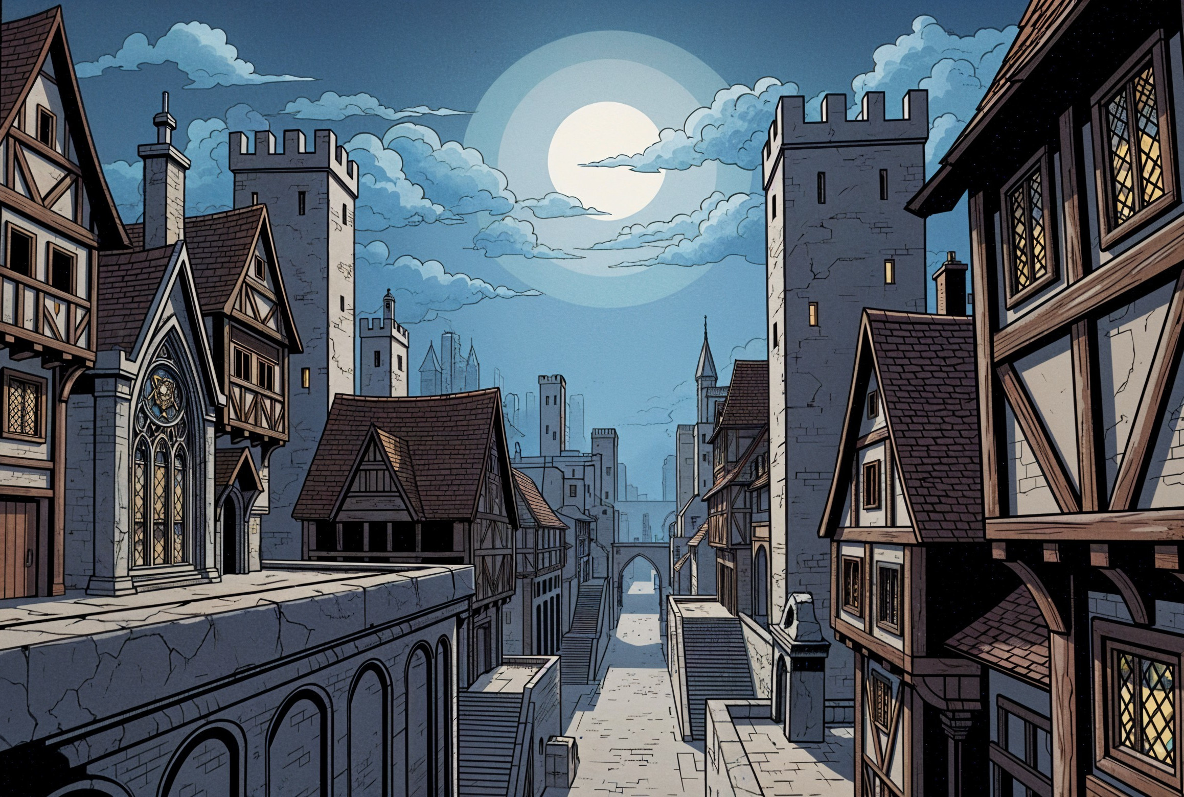 Medieval Town Under Moonlight with Cobblestone Streets