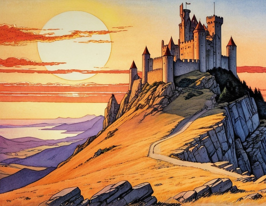 Castle on Rocky Hill with Sunset and Scenic Landscape