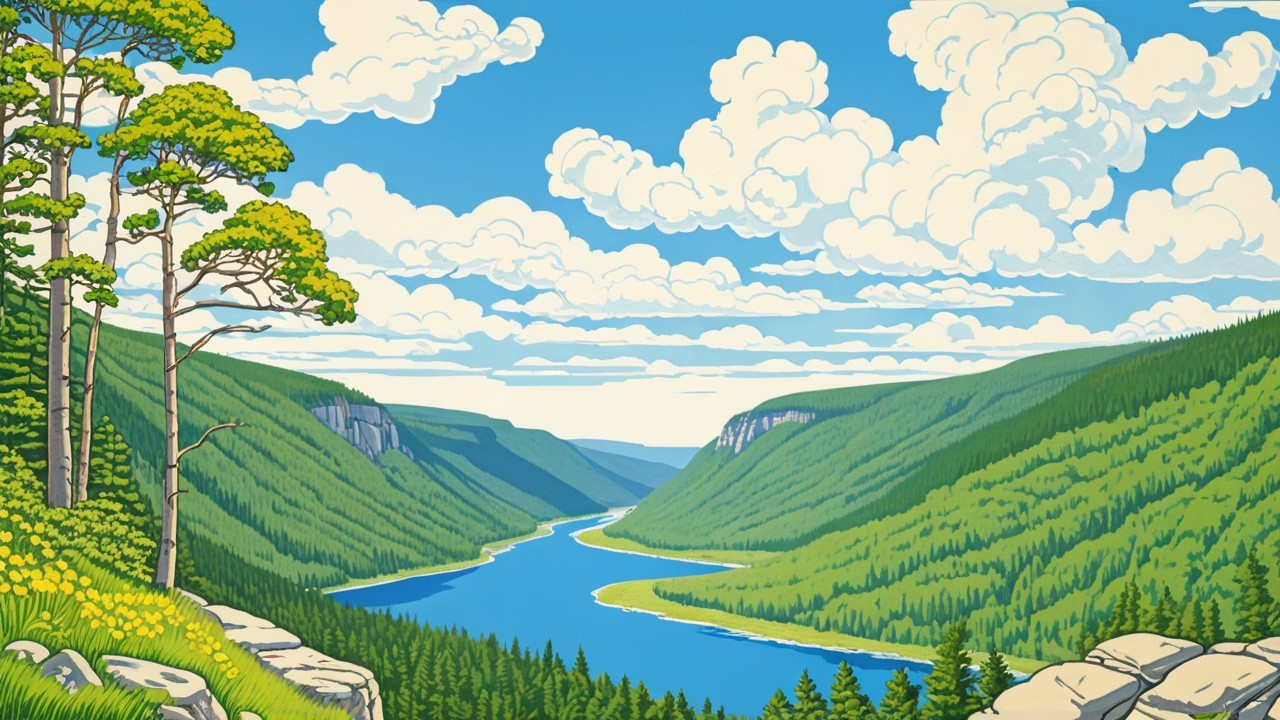 Vibrant Landscape with River and Lush Green Hills