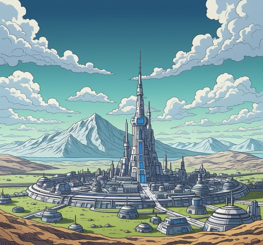 Futuristic cityscape with mountains and blue sky