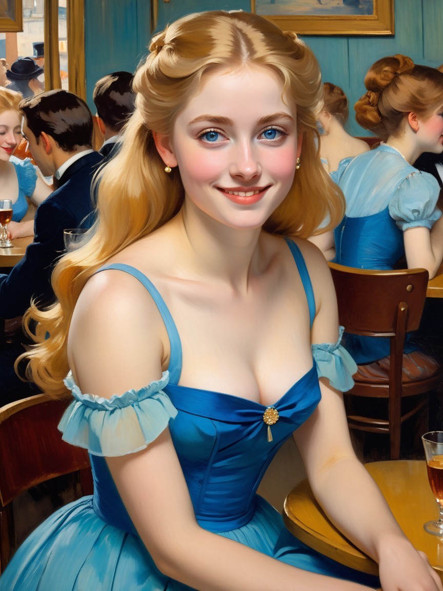 Young woman in blue dress at lively café setting