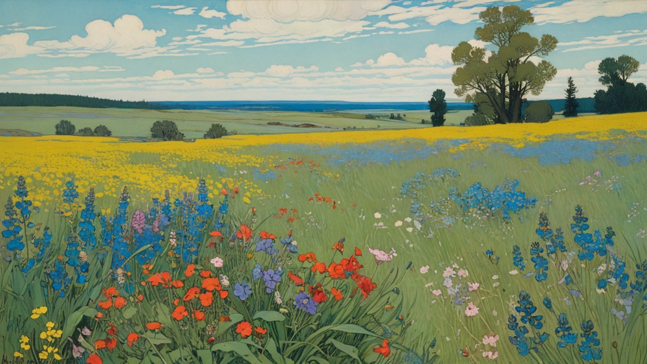 Vibrant Wildflower Meadow with Rolling Hills and Trees