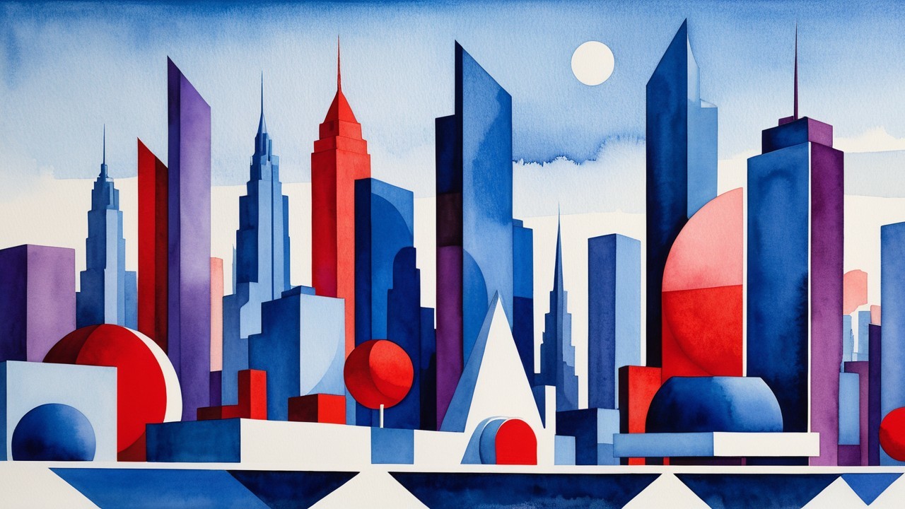 Vibrant Cityscape with Geometric Shapes and Colors