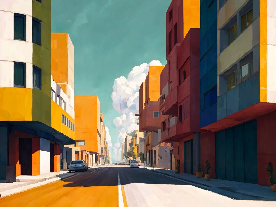Vibrant Street Scene with Colorful Geometric Buildings