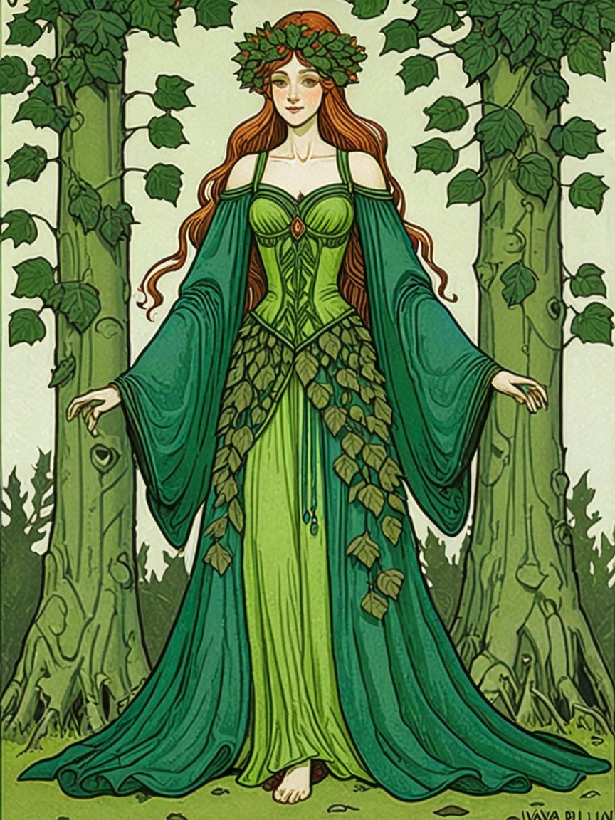 Ethereal Woman in Green Garments Amidst Nature