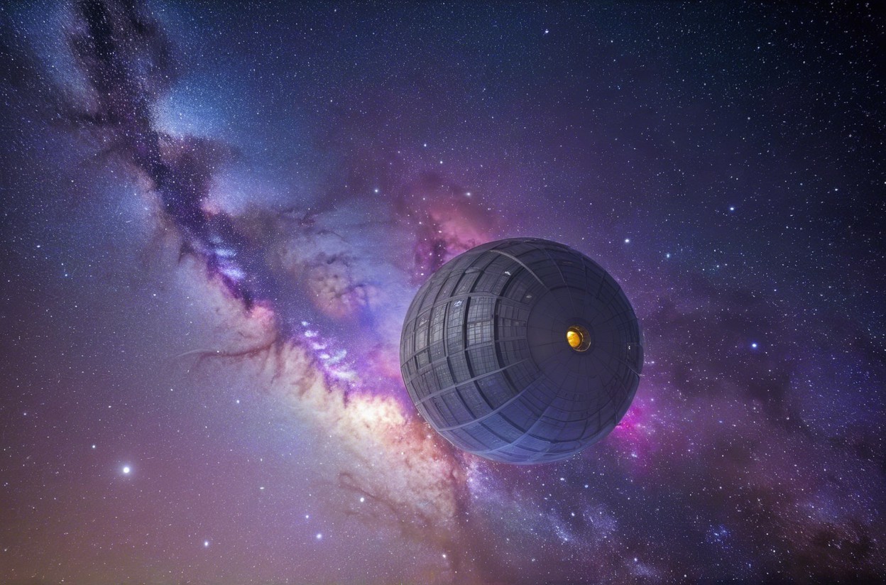 Spherical space station in a vibrant cosmic backdrop