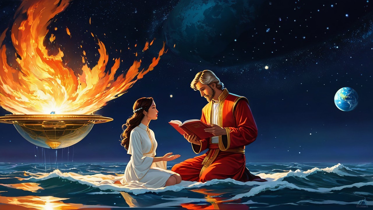 Cosmic Landscape with Figures in Serene Waters