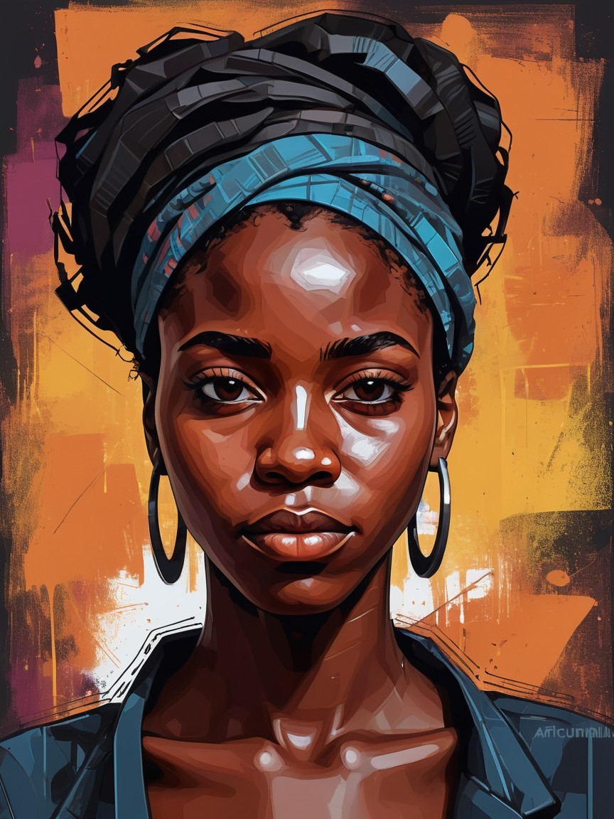 Digital Portrait of a Young Woman with Headwrap and Earrings
