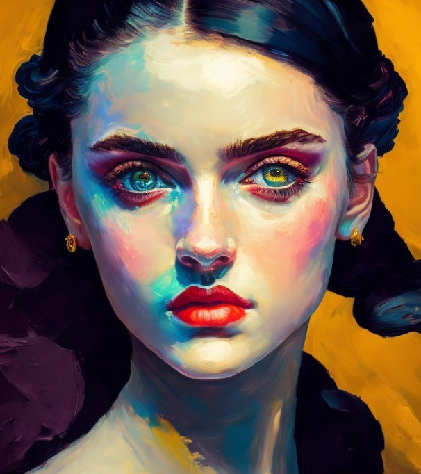 Vibrant portrait of a woman with blue eyes, red lips, and buns on yellow background