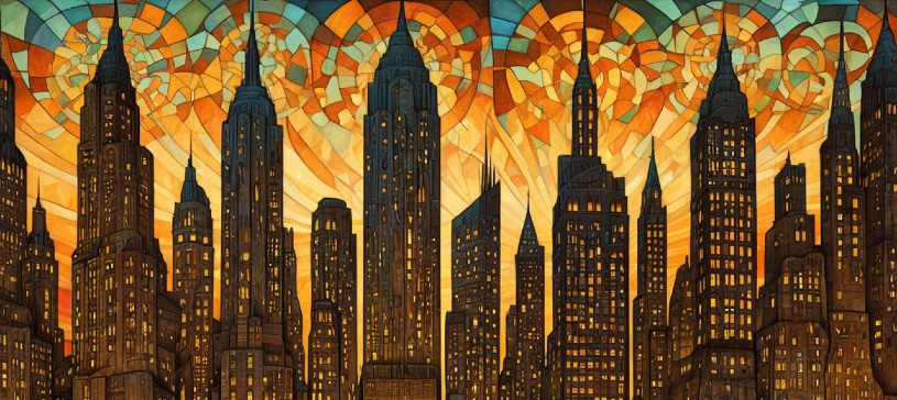 Vibrant Stained-Glass Skyline with Sunset Hues