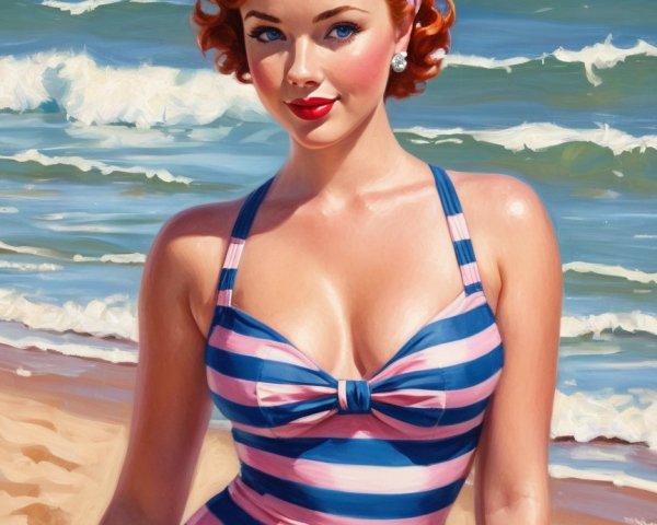 Vibrant Beach Scene with Woman in Striped Swimsuit